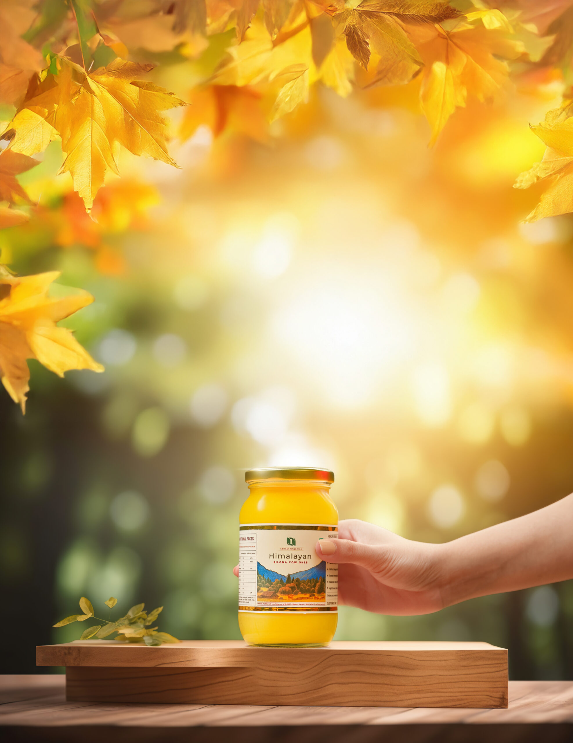 Wooden product display podium with blurred nature leaves background. Generative Ai